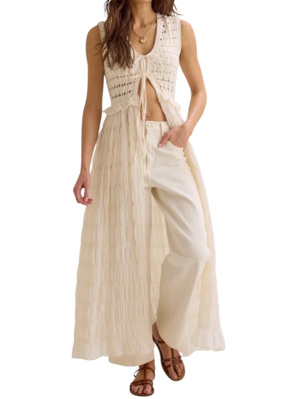 Sleeveless Cream Crochet Tie-Front Maxi Vest